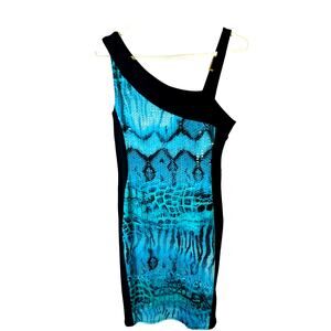 Frank Lyman Tourqoise Snake Print Sequins Gold Detail BodyCon Fitted Dress Sz 10